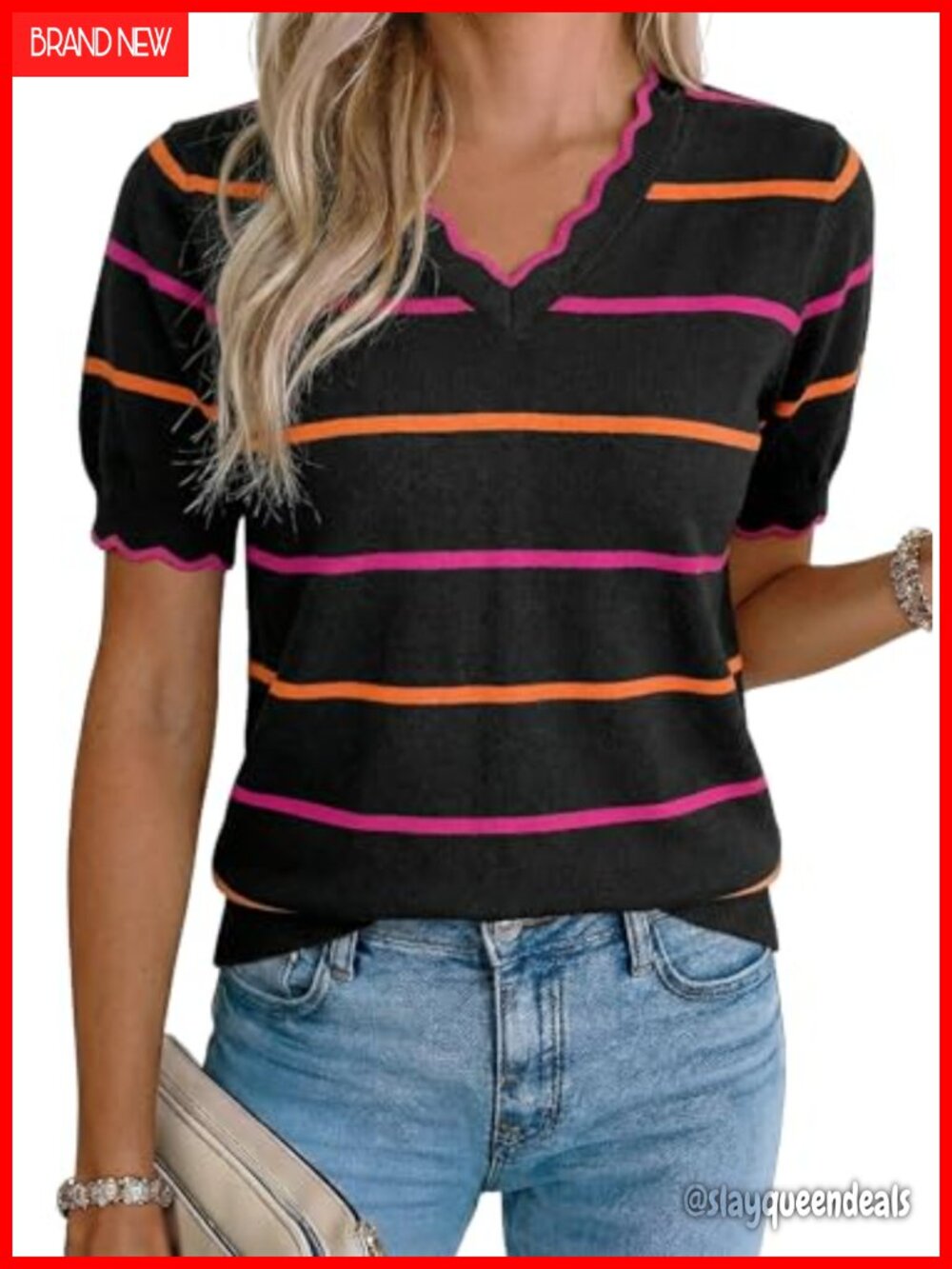 Striped Knit V-Neck Short Sleeve Pullover Top